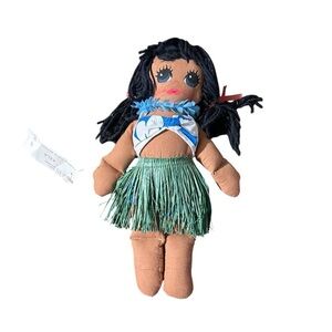 Kela Hula Girl Cloth Doll Hattie Hawaiian Souvenir Painted Face Big Eyes Grass